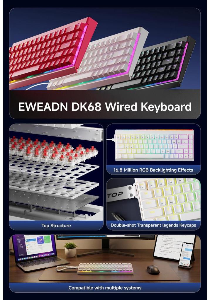 Trailblazer DK68 RGB Mechanical-Feel 68-Key Gaming Keyboard (Wired, Portable)
