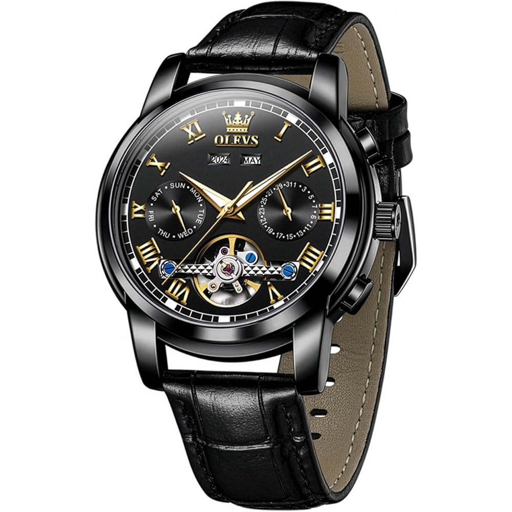 OLEVS Automatic Men s Watch Luxury Tourbillon Chronograph Big Face Calendar Moon Phase Waterproof Black
