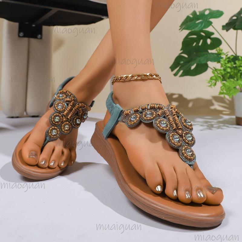 Fashion Summer 2025 Bohemian Women's Sandals Elastic Buckle Beaded Strap Roman Style Shoes Comfortable Outwear Wedge Sandals for Women