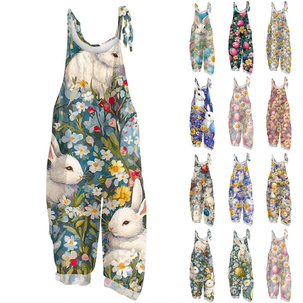 Women's Romper Print Casual Loose Cotton Linen Overalls