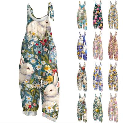 Women's Romper Print Casual Loose Cotton Linen Overalls