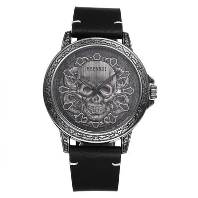 Punk Skull Watch with Genuine Leather Skeleton Skull Antique Leather Watch with Waterproof Analog Quartz Gothic Accessory Perfect Gift for and