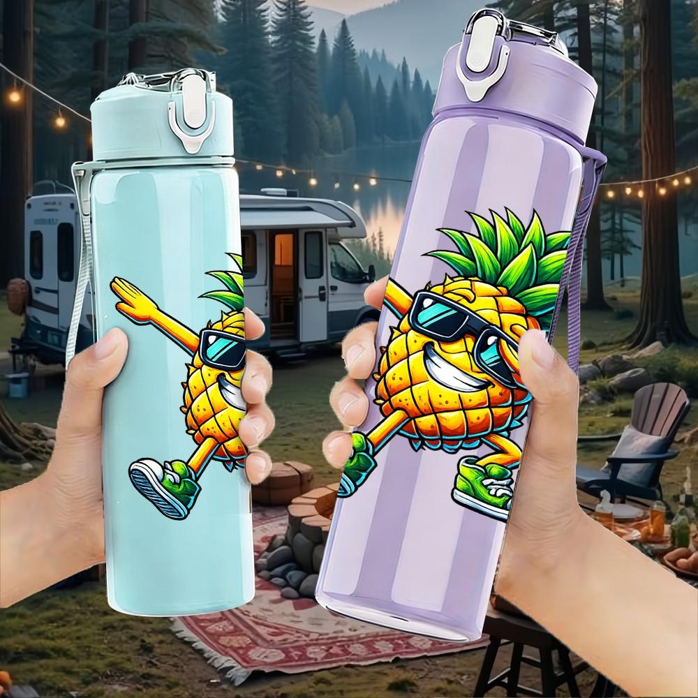1PC Pineapple Surf Guy Cartoon Print 750ml Color Plastic Sports Water Bottle Leakproof Flip Straw Lid Suitable for Sports Office Home Use