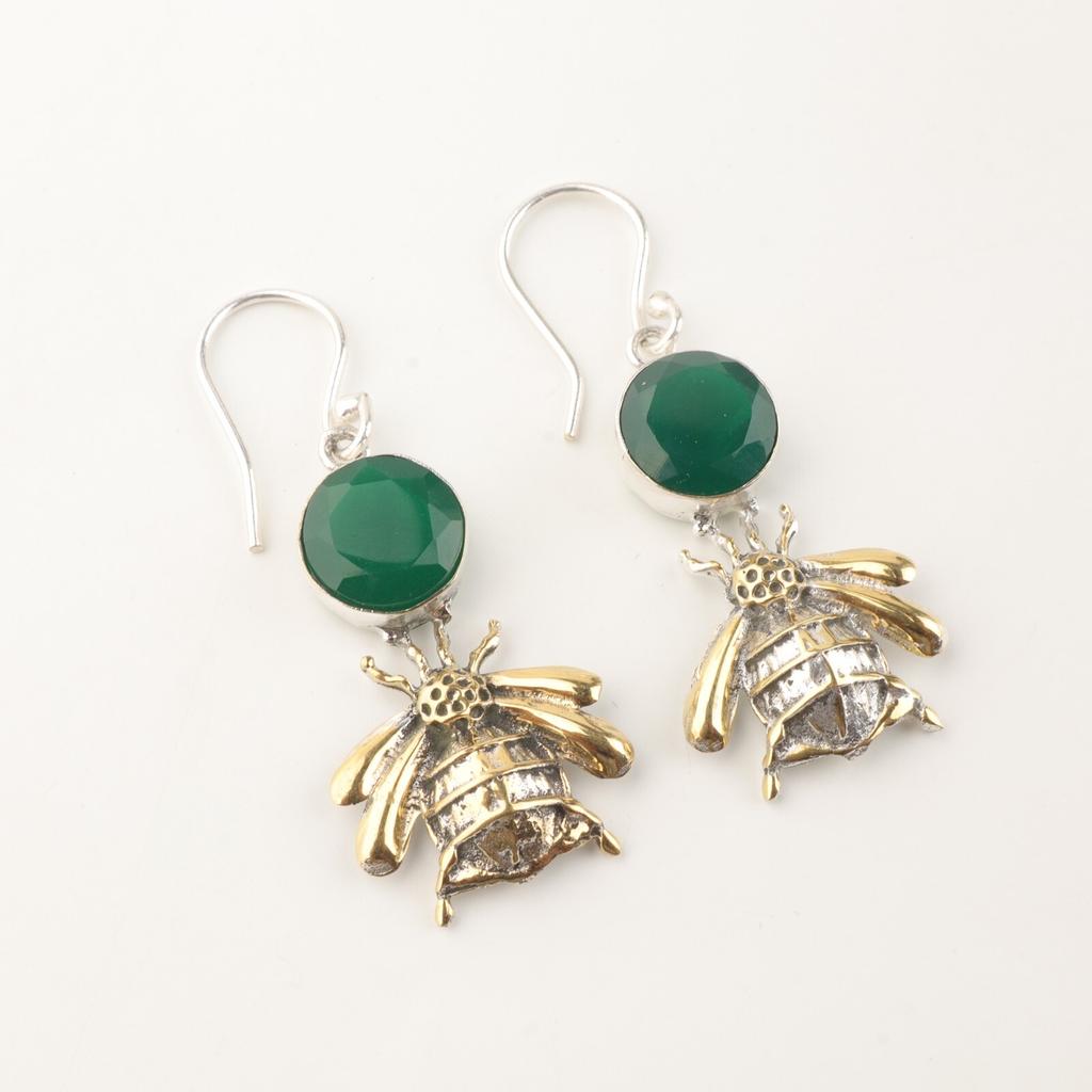 925 Sterling Silver Handcrafted Natural Green Onyx Gemstone Dangle Earrings 2" EE-154-17