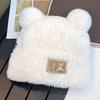 Women Knitted Hat Windproof Warm Solid Color Elastic Winter Hat Bear Ear Decor Cold Weather Plush Hat