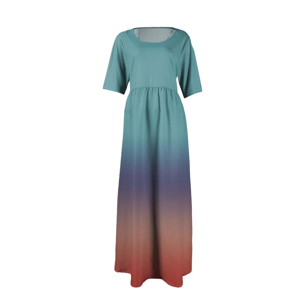 Women's Fashion Casual Short Sleeve Round Neck Splicing Gradient Elegant Temperament Dress