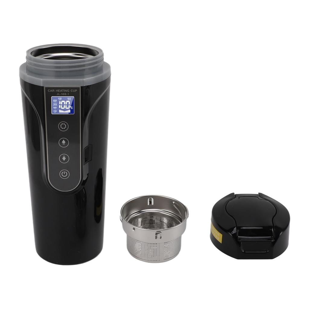 500ml Intelligent Screen Display Car Electric Kettle Car Electric Hot Water Mug Portable Car Heating Cup 12V 24V Black