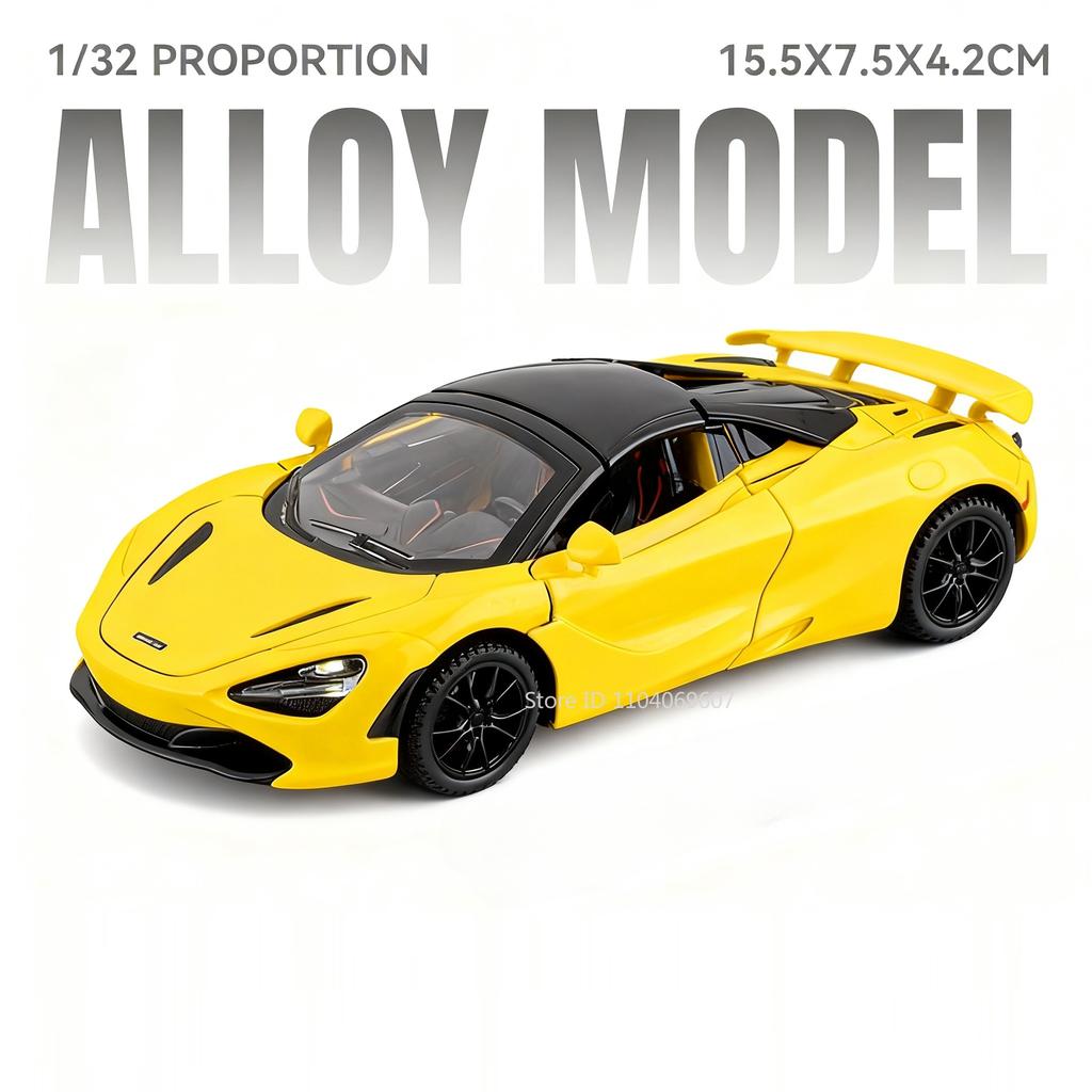 1:32 720S F1 Model Miniature Toy Sports Cars Alloy Diecast Ornament Supercars Sound Light Doors Opened Pull Back Kids Presents