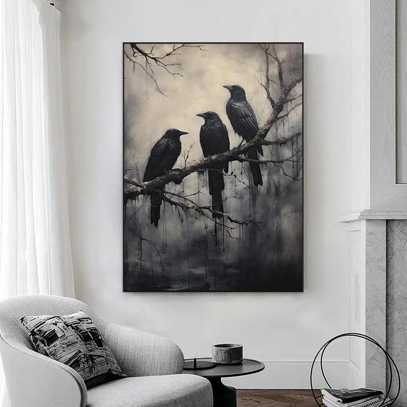 Terror Dark Blackbirds Oil Posters Classic Crow Halloween Prints Gothic Canvas Painting Wall Art Pictures Home Living Room Decor