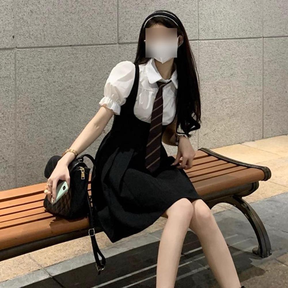 

Preppy Short Sleeve JK Uniform: Summer Japanese Style Suspender Skirt Set - Petite, Waist-Slimming, Mini Skirt S (up to 45 kg)