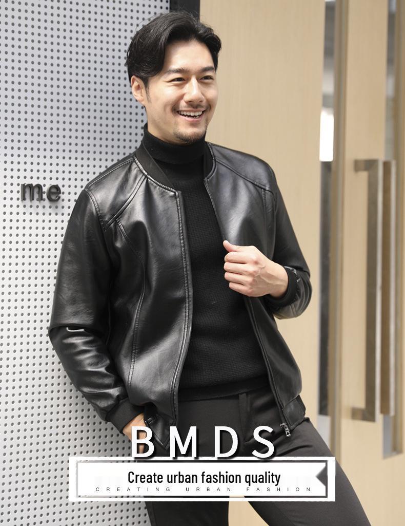 Kuaishou Douyin Men's Autumn/Winter Baseball Collar Leather Jacket – Thin Stand Collar Casual Coat