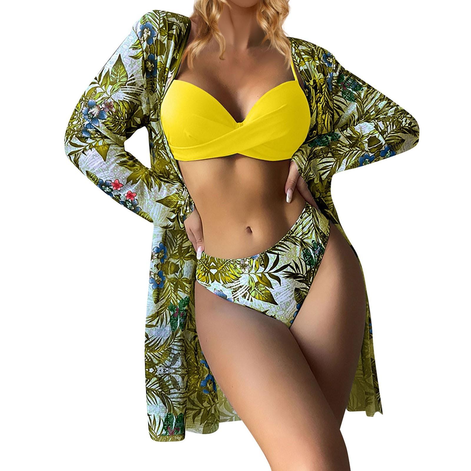 

Женский бикини с цветочным принтом, сексуальный быстросохнущий купальник, комплект из 3 предметов XL жёлтый