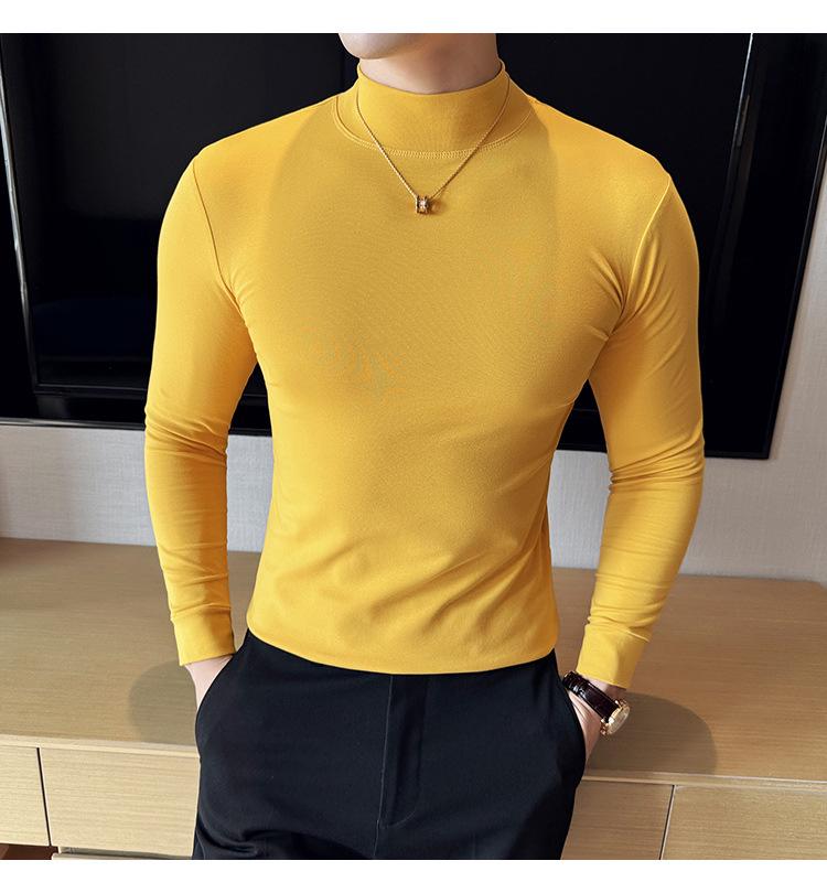 Men's Autumn Solid Color Slim Fit Semi-High Neck Long Sleeve T-Shirt