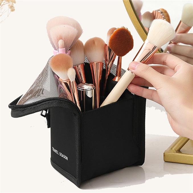 Portable Travel Waterproof Makeup Bag Vertical Foldable Large Capacity Handheld Zipper Pencil Storage Bag