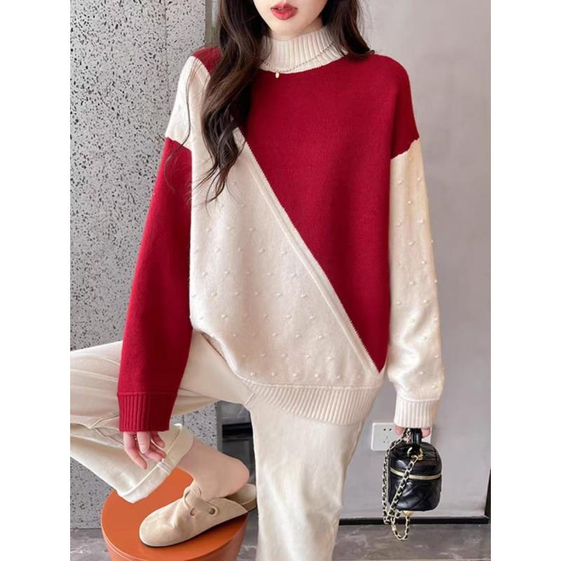 Autumn and winter new color matching knitted bottoming shirt for women with semi-turtleneck loose and lazy sweater for women