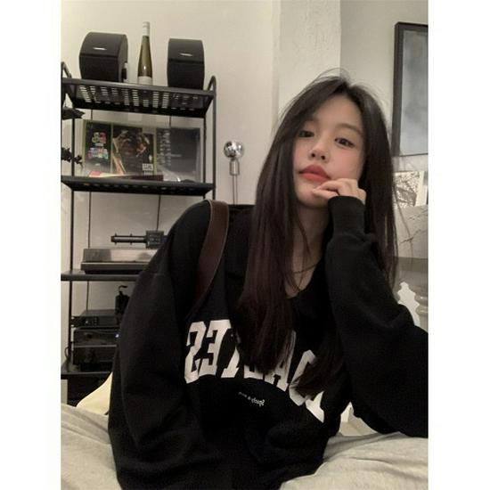 

Женский ретро американский свитшот с длинным рукавом и воротником поло, универсальный приталенный топ в стиле BF для весны и осени M (Up to 100 catty) чёрный