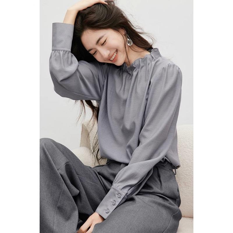 

Spring and Autumn Retro Chiffon Shirt Women s Solid Color Temperament Three-dimensional Flower Collar Fashion Casual Top L