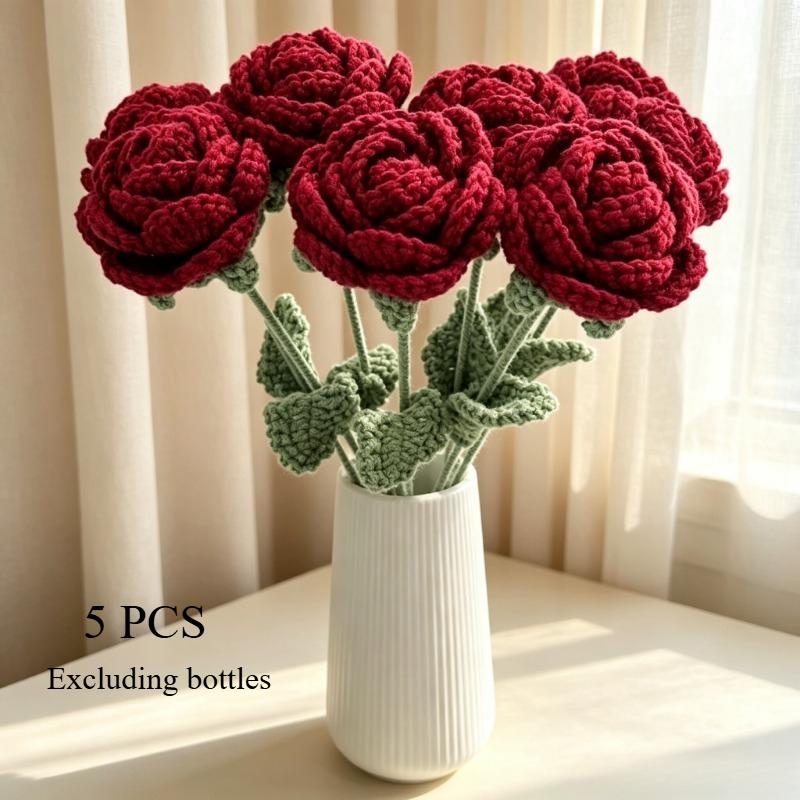 1Pcs Wine Red Handcrafted Knitted Rose Bunch for Valentine's Day - Romantic Wedding Decor Couple Gift