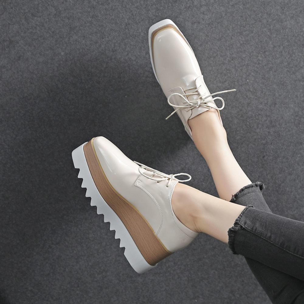 Women Korean‑Style Patent Wedge Pumps, Square‑Toe Star Decor Platform Thick‑Sole High Heel Shoes, British‑Inspired Versatile Casual Daily Footwear