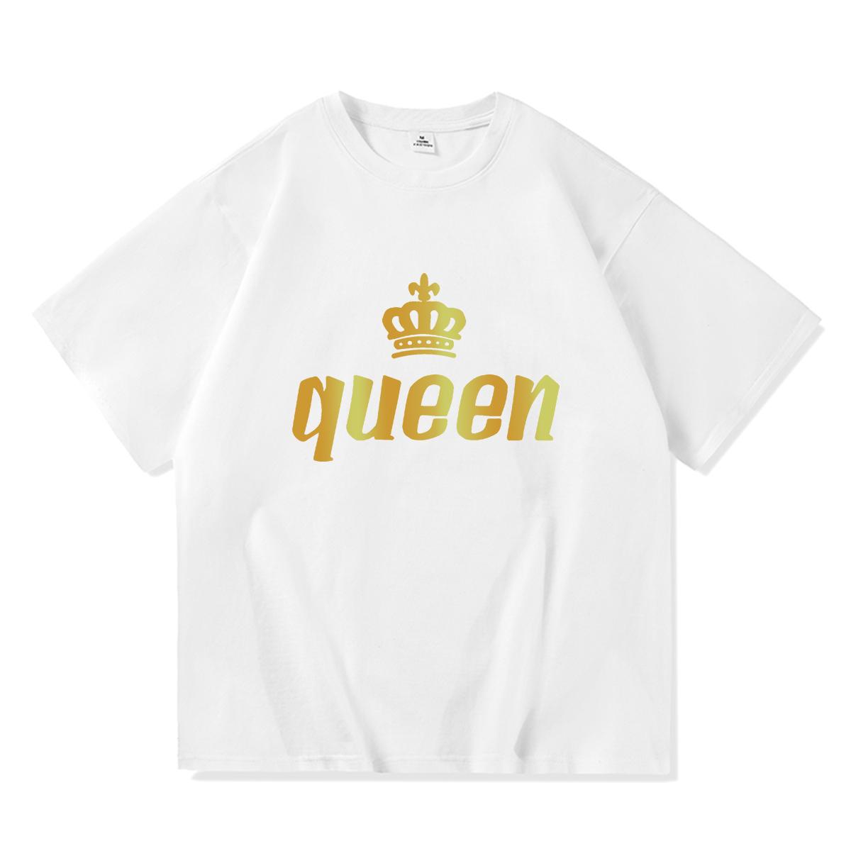 

2023 Повседневная летняя хлопковая футболка с принтом KING QUEEN, свободная футболка с короткими рукавами и круглым вырезом для влюбленных, женские и мужские топы, футболки S белый
