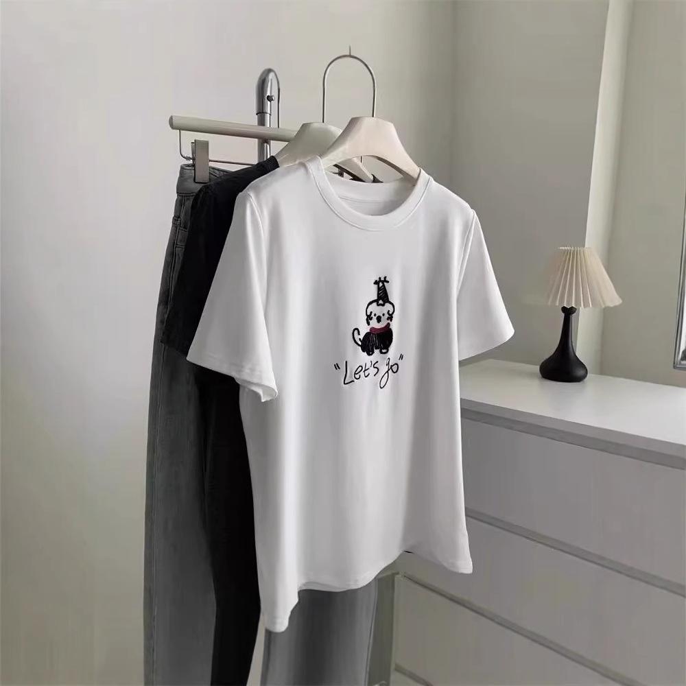 Graues besticktes Welpen Damen Casual Locker Kurzarm T-Shirt, Frühjahr 2025 Kollektion