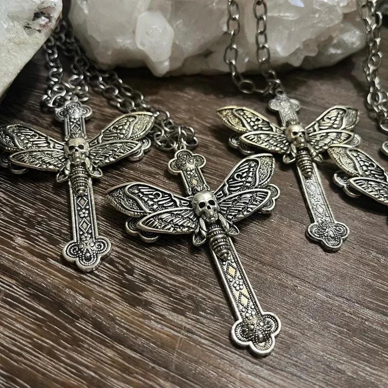 Stunning Gothic Cross Necklace Death Moth Cross Necklace Rosary Style Grunge Necklaces Men Women Jewelrye Y2k