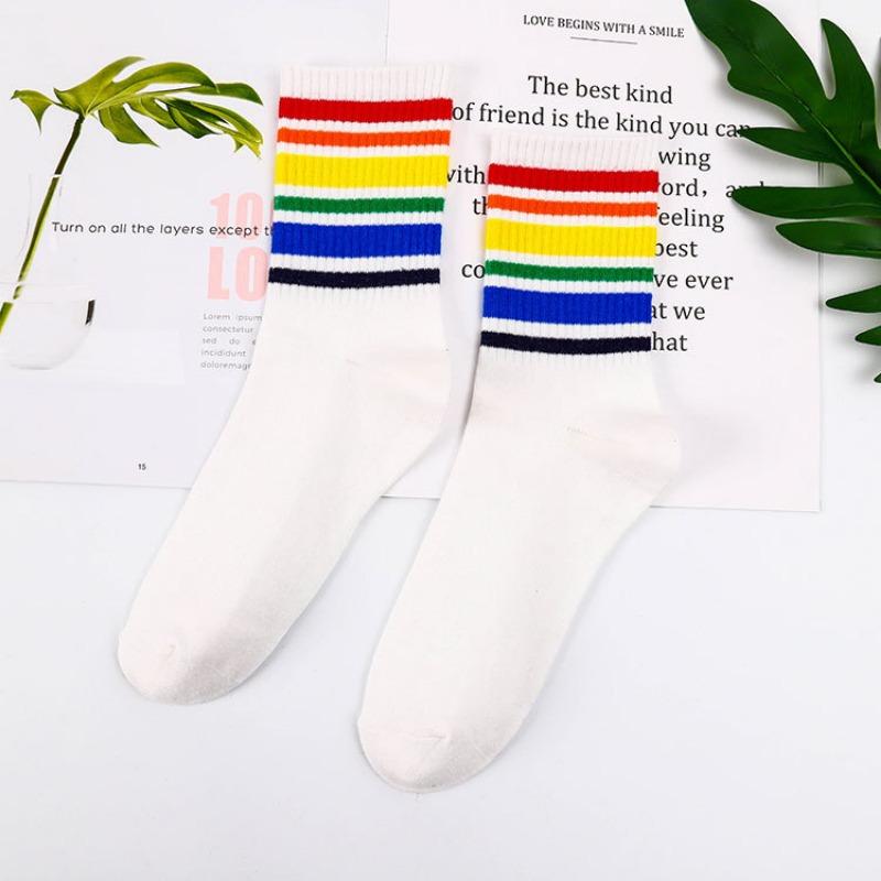 Ladies Spring Rainbow Thick Pinstripe Skateboard Mid Tube Socks