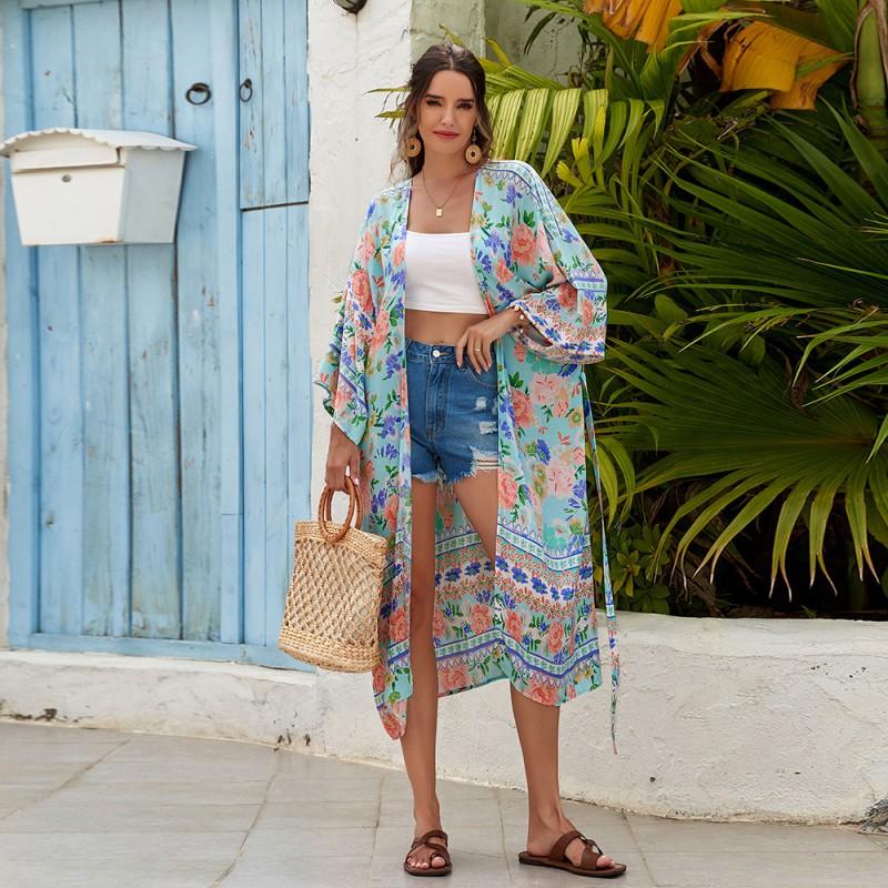 Womens Cotton Beach Cover Up Dress With Floral Print Lightweight Kimono Style Swimwear Overlay