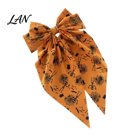Bow Hairpin for Halloween Spring Hair Clips Women, Pumpkin Skeleton Ghost Hand Printed Festive Accessory Fabric Barrettes, Cute Horror Accessories