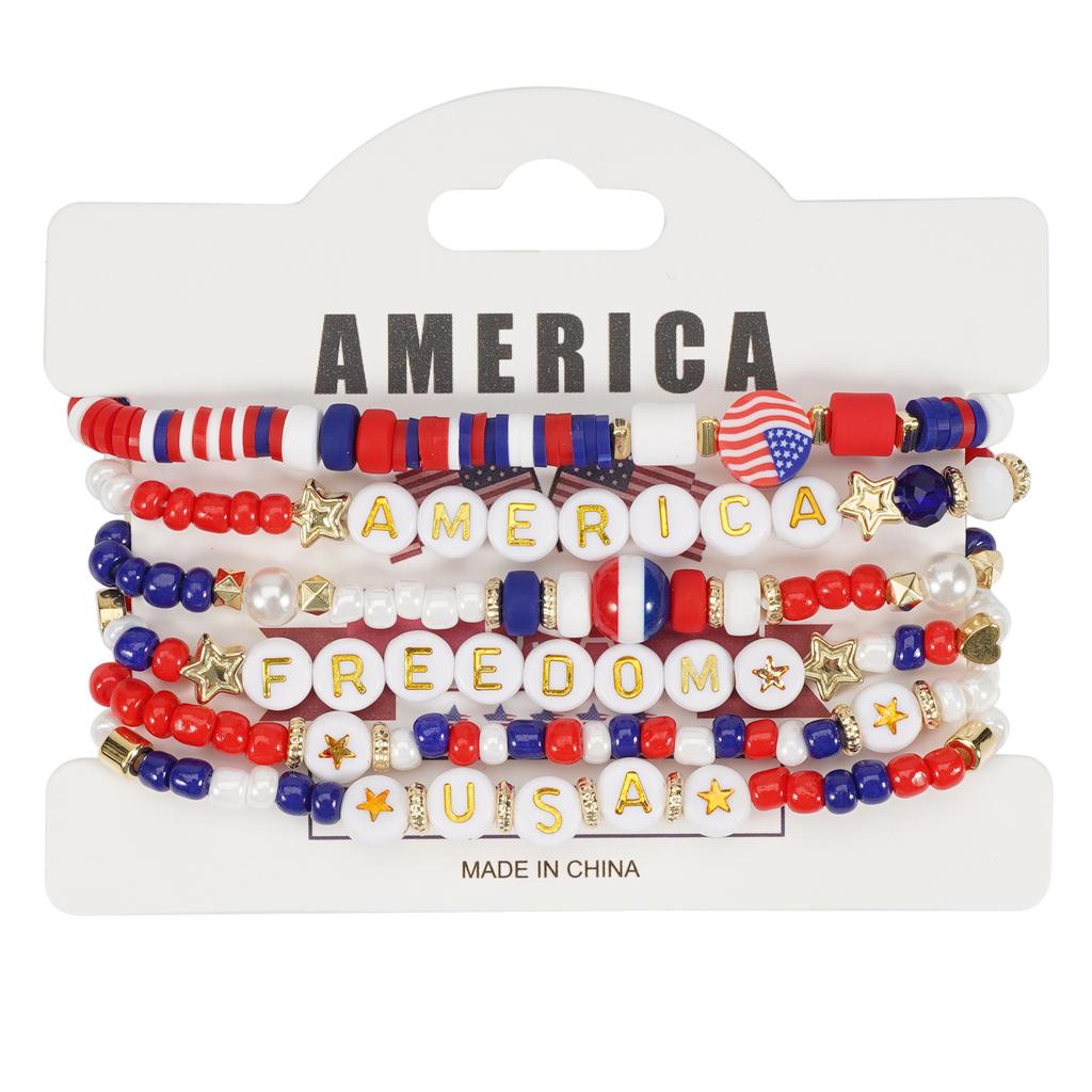 Pack of 6 Fashionable Patriotic Beaded Bracelets Elastic July 4th Jewelry Americans Flag Star Charm Party Accessories