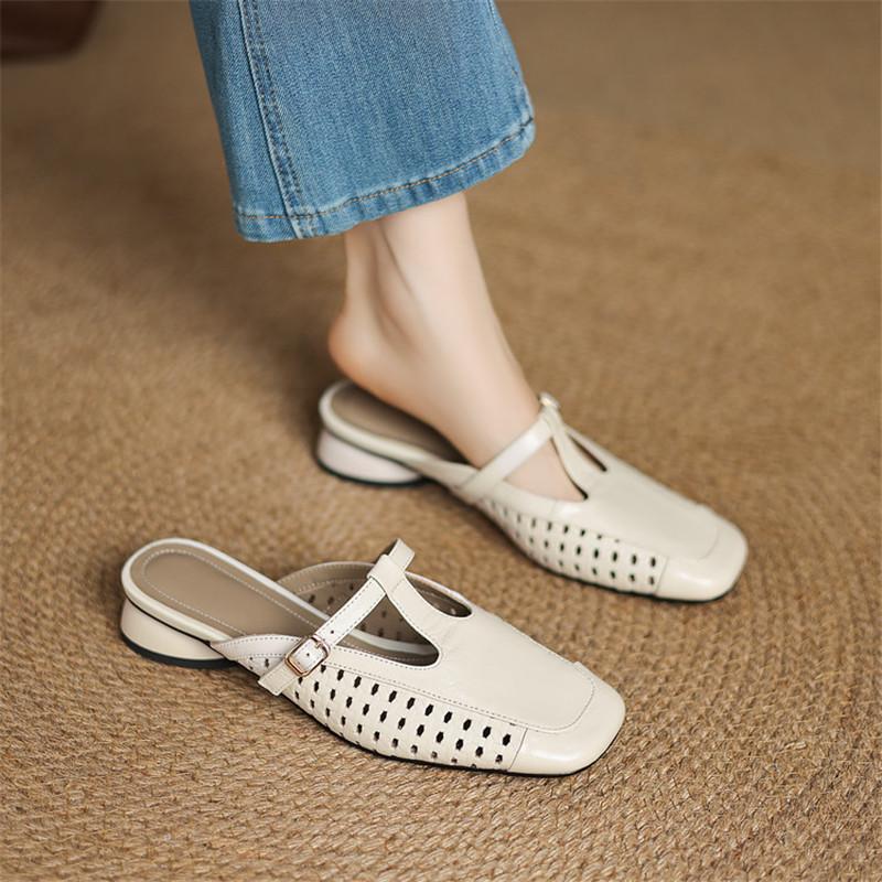 Fashion New Summer Slippers Genuine Leather Slippers for Women Fashion Hollow Out Mules Square Toe Low Heels Cover Toe Slippers Sandals