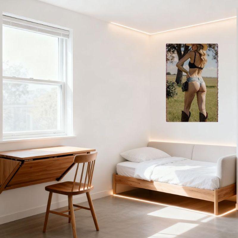 Signe en Étain Vintage - Cowgirl Blonde Sexy dans un Champ Western - Affiche Métallique Rustique d'Extérieur pour Bar Pub Décor Mural de Maison