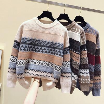 Pullover da donna lavorato a maglia con scollo a O, maglione da donna, pullover a maniche lunghe, scozzese, casual