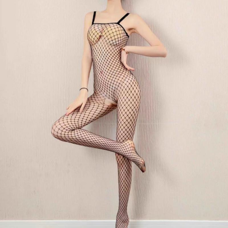 Erotisk undertøy for Sexy Fiskenett Crotchless Catsuit Åpen Skritt Kroppsstrømper Uniform Teddies Bodysuits Nettdrakt Jente