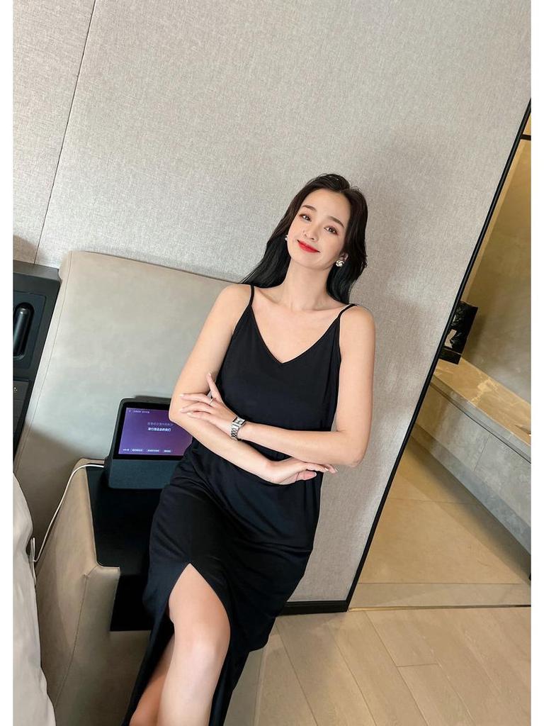 Women's Summer Modal Slim Fit Tank Dress with Double Shoulder Straps and Side Slit