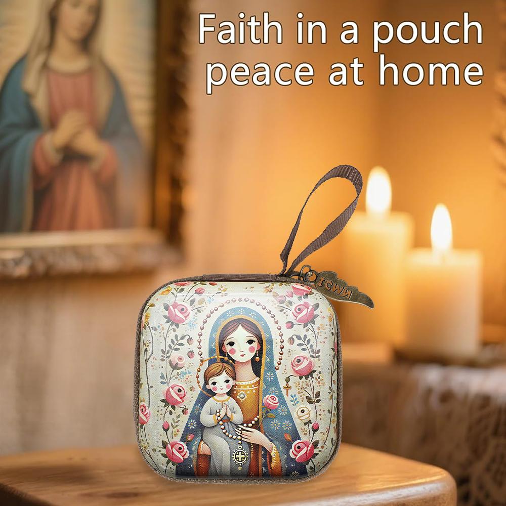 Vintage Christian Square Rosary Box with Zipper Religious Artwork,Lightweight Metal Organizer for Prayer Bead,Inspirational Gift