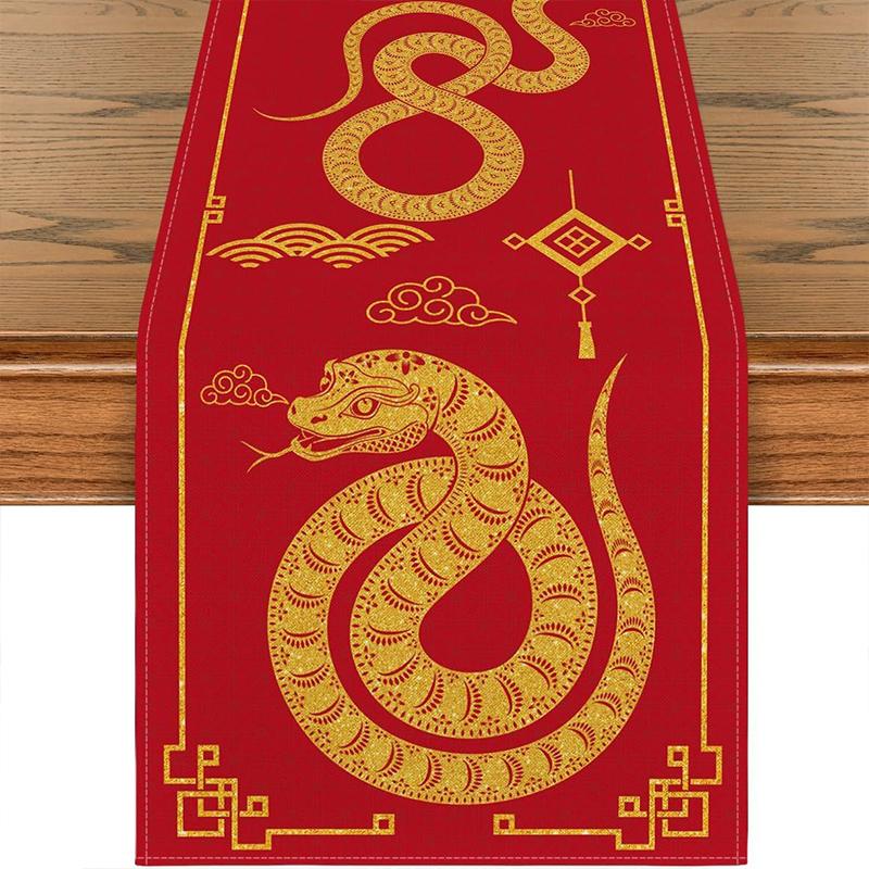 

Double Snake Chinese New Year Linen Table Runner Happy New Year s Day Decorations for Home Spring Festival Supplies Table Flag 33X183cm