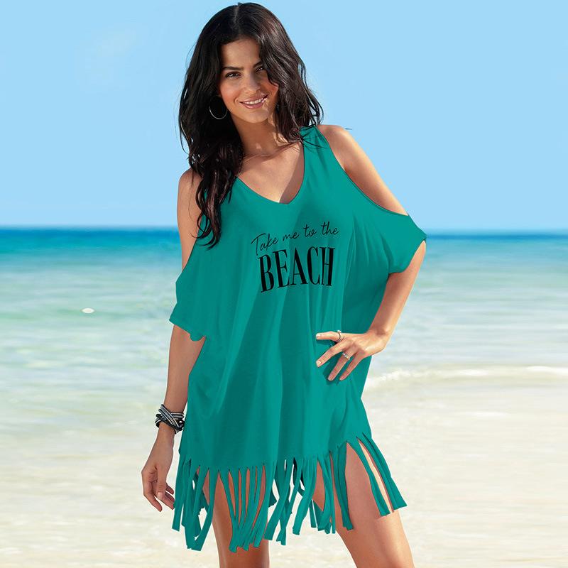 Tassels di cotone off-the-shoulder stampa sciolta da spiaggia bikini costume da bagno camicetta giacca gonna parasole copricostume