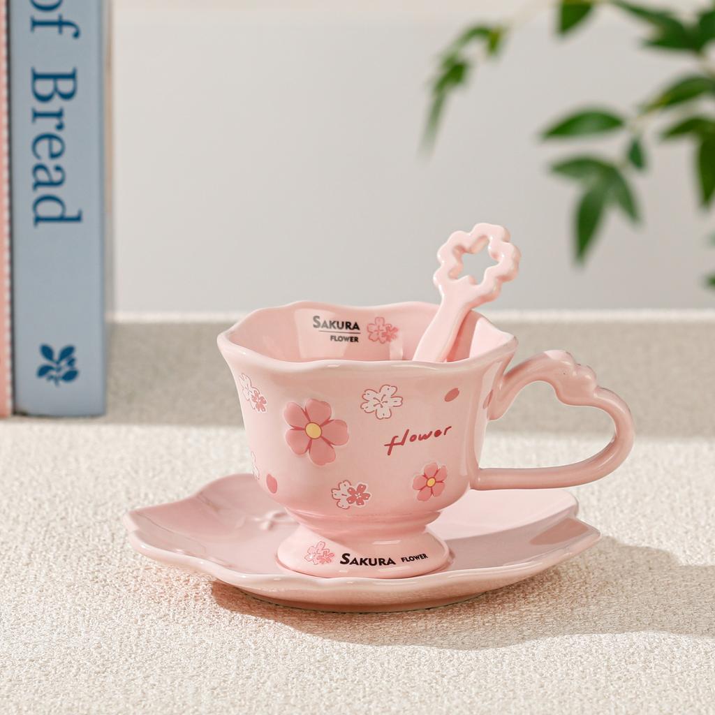 Kirschblüte hochwertiger Kaffeetasse Mädchen Trinkbecher mit Untertasse niedlicher Wasserbecher Haushaltsset kleines Geschenk Tasse