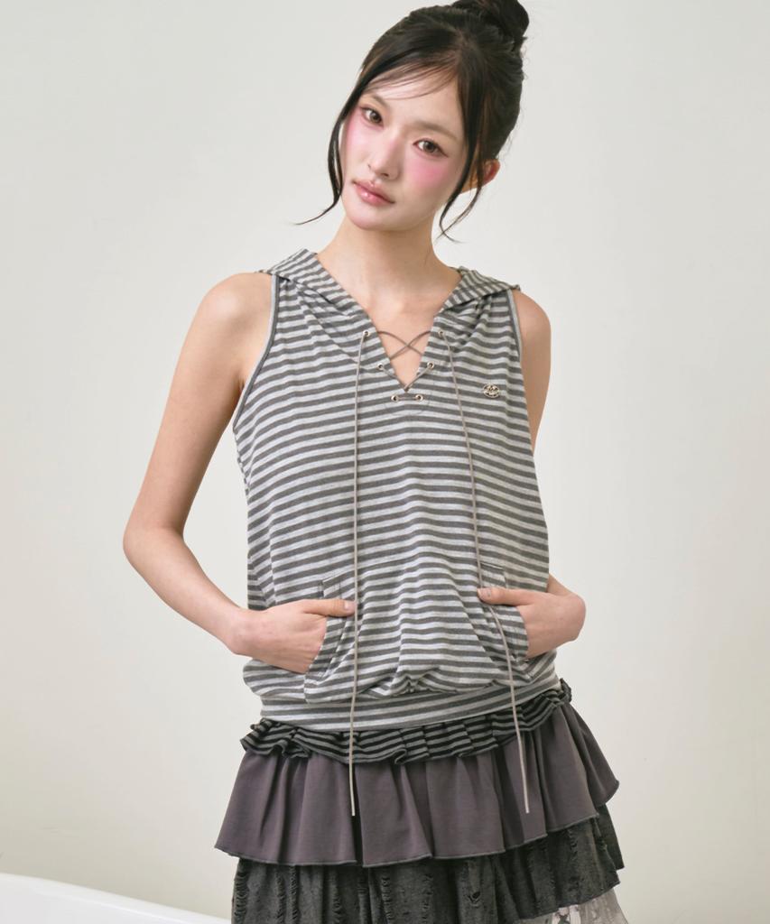THE GREEN LAB Striped Glam Hooded Sleeveless Top [Light Gray]