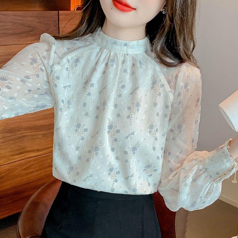 Thin Tops Loose Clothes Blusas 2026 Autumn Elegant Stand Collar Long Sleeve Shirt Sweet Floral Print Chiffon Blouse 28950