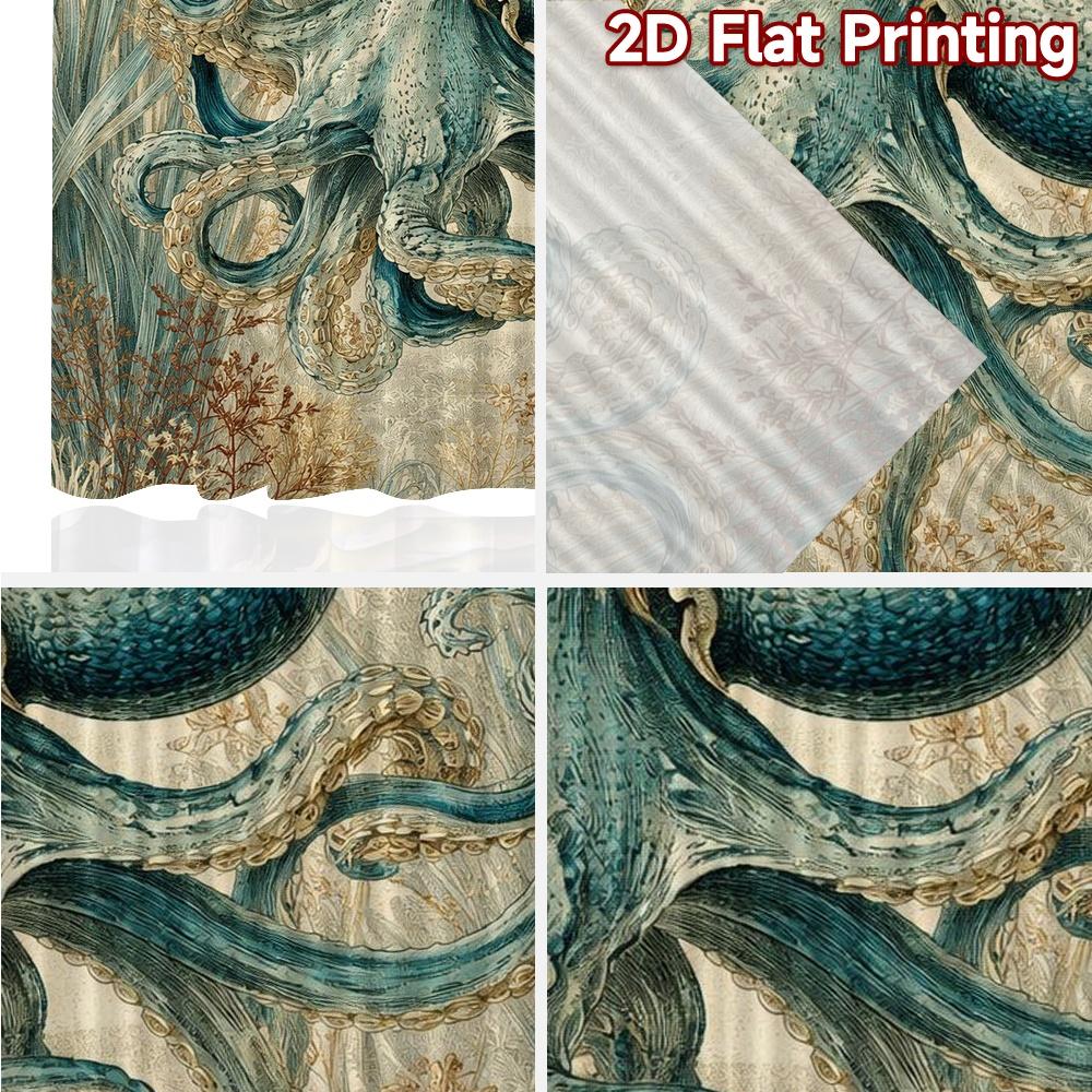 2D FLAT PRINTING 2pcs Curtains (Without Rod) Blue Octopus In Seaweed Light Filtering Popular Curtains Machine Washable Fabric
