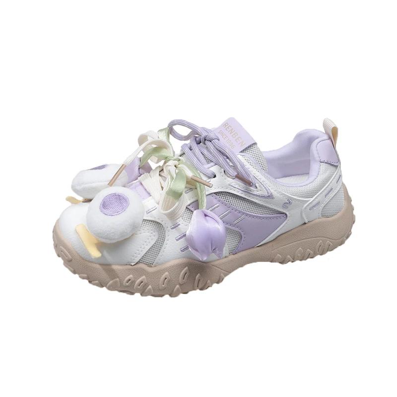 Fashion Casual Sneakers Spring Autumn Women Synthetic Leather Patchwork Mixed Colors Lace-Up Round Toe Love Kawaii Ladies Waffle Shoes