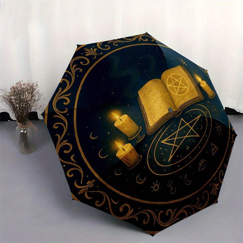 Enchanted Spellbook & Candle Altar Mat for Wicca Decor Umbrella, Portable 3-Fold Compact Umbrella for Men & Women R131