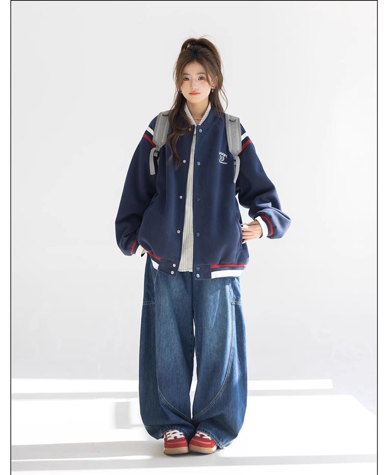 CHANT2nd American Retro Embroidered Baseball Jacket - Women's Spring/Fall Color Block Patchwork