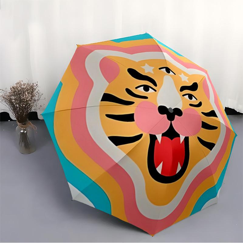 1pc Tiger Face Automatic Folding Umbrella, Portable & Foldable Design with 8 Ribs, Casual Outdoor Accessory Halloween and Christmas gifts yy