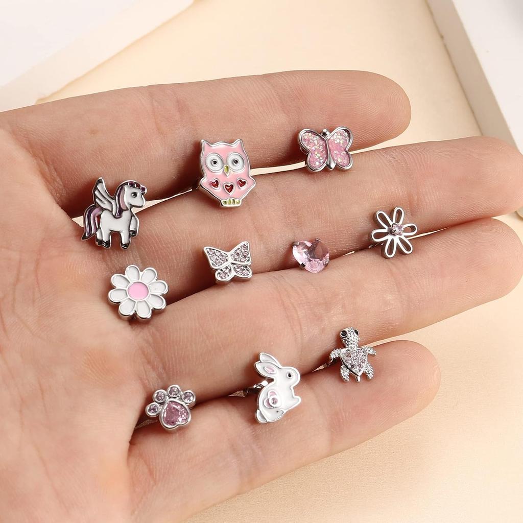 Bobisty 1Pair Cute Screw Back Earrings for Women Stainless Steel Multicolored Heart Flower Butterfly Rainbow CZ Stud Earrings