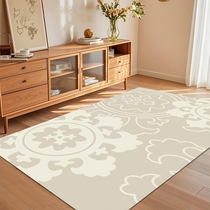 Minimalist Beige Floral Outline Print Area Rug, Soft Non-Slip Floor Mat for Living Room Bedroom Nursery Home Decor