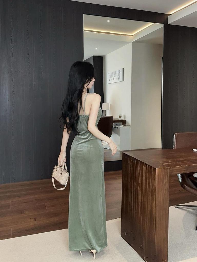 Elegant Velvet Bowknot Patchwork Camisole Dress - Slim Fit, High Slit, Hip-Hugging, Formal Long Gown