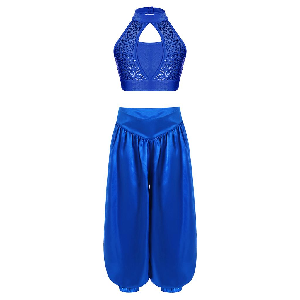 Magdansdräkt för flickor: Mockhals med urringning fram och nyckelhål bak, paljett crop top & vida satinbyxor